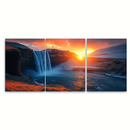 3pcs Godafoss Waterfall Sunset Metal Print Ready to Hang Art - Bella Home Decor