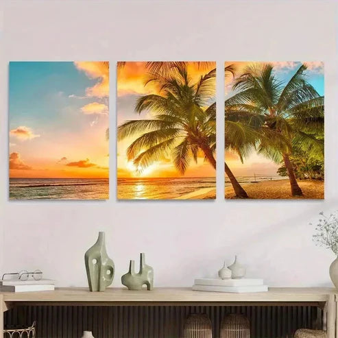 3pcs Vibrant Sunset Palm Tree Beach Sunset Wall Art Set Canvas Unframed - High Quality Print 100% Australian Made Wall Canvas