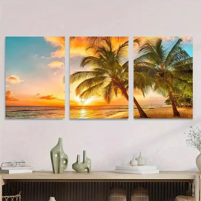 3pcs Vibrant Sunset Palm Tree Beach Sunset Wall Art Set Canvas Unframed - High Quality Print 100% Australian Made Wall Canvas