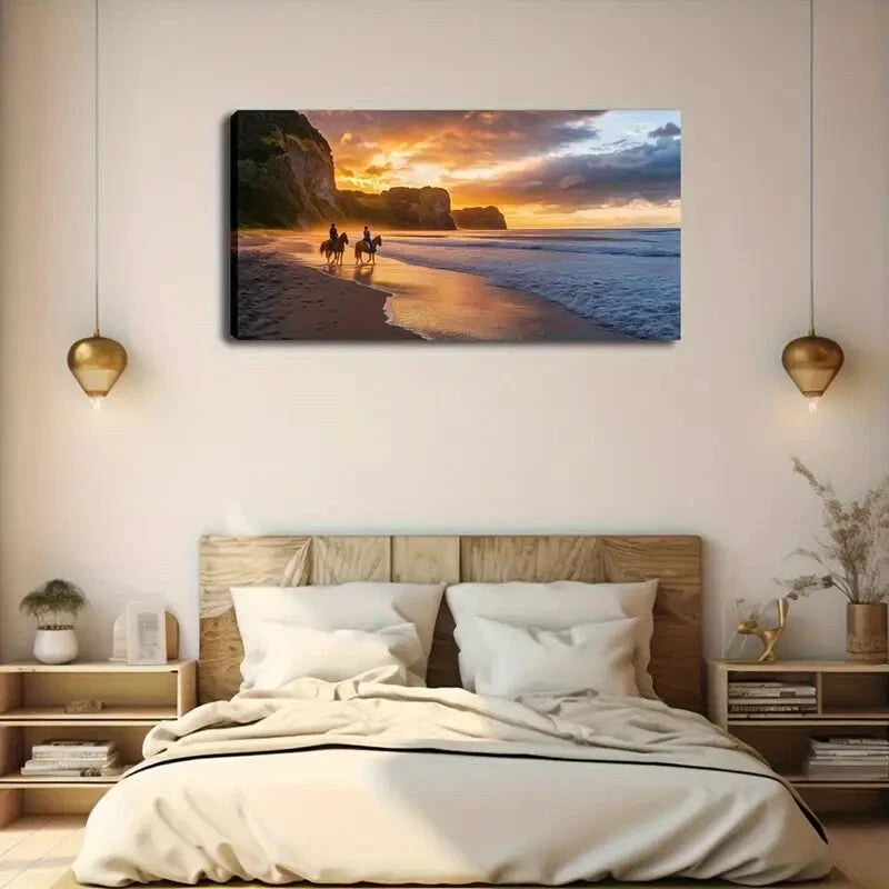 Serene Beach Scene Two Horse Wall Art Canvas Office Home Room Framed 120x60cm - Bella Home Decor