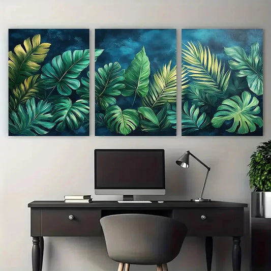 3pcs Deep Green Tropical Leaves Wall Art Set Canvas Framed 40x60cm - High Quality Print 100% Australian Made Wall Canvas Ready to Hang