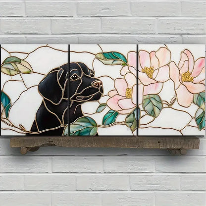 3pcs Dogs in Pink Flowers And Green Leaves Metal Print Ready to Hang Art - Bella Home Decor