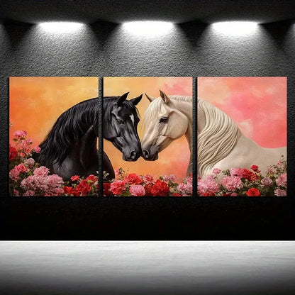 3pcs Vibrant Two horses love with Florals Design Metal Print Ready to Hang Art