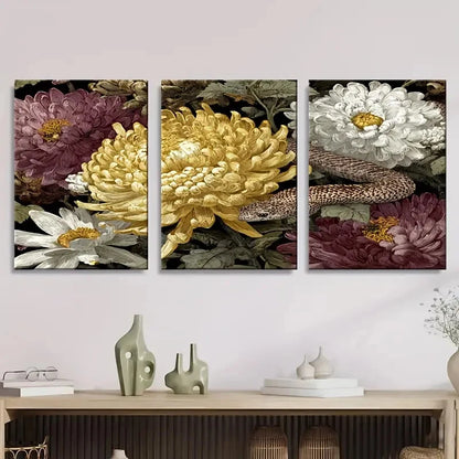 3pcs Vibrant Python & Chrysanthemum Flowers Wall Art Set Canvas Framed 60x90cm - High Quality Print 100% Australian Made Wall Canvas Ready to Hang