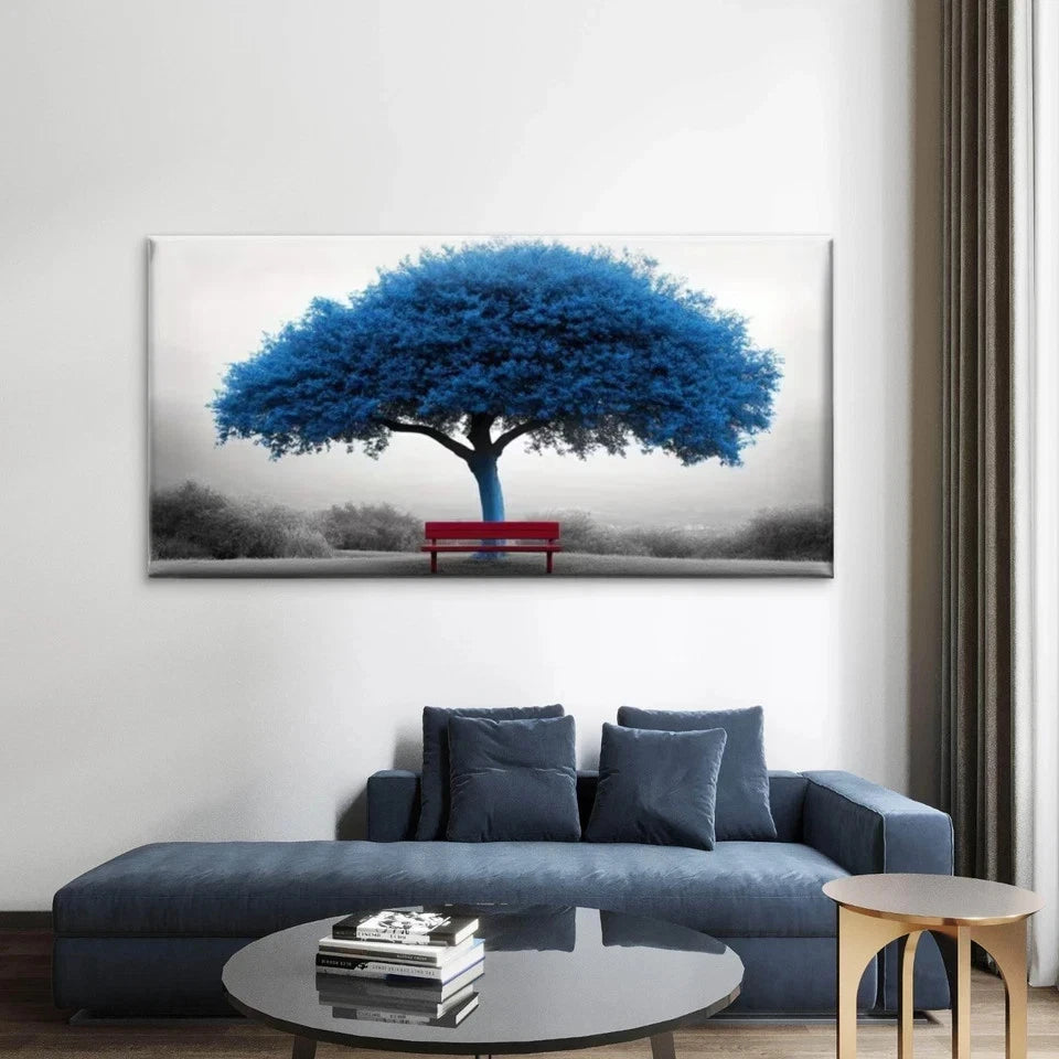 Blue Tree & Red Bench Landscape Wall Art Canvas Office Home Room Framed 120x60cm