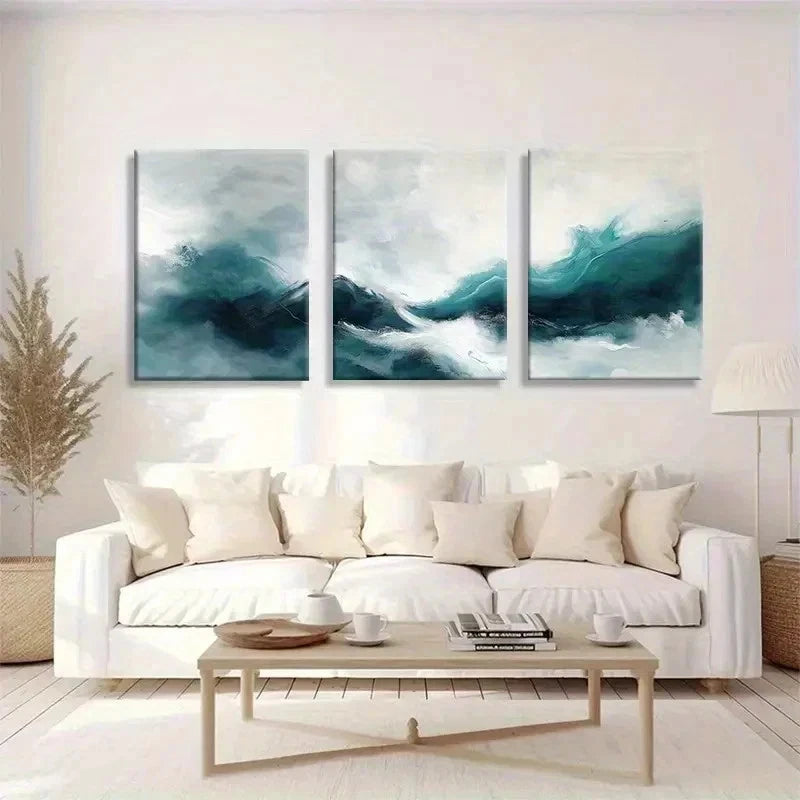3pcs Teal And White Seascape Abstract Wall Art Set Canvas Framed 50x70cm - High Quality Print 100% Australian Made Wall Canvas Ready to Hang