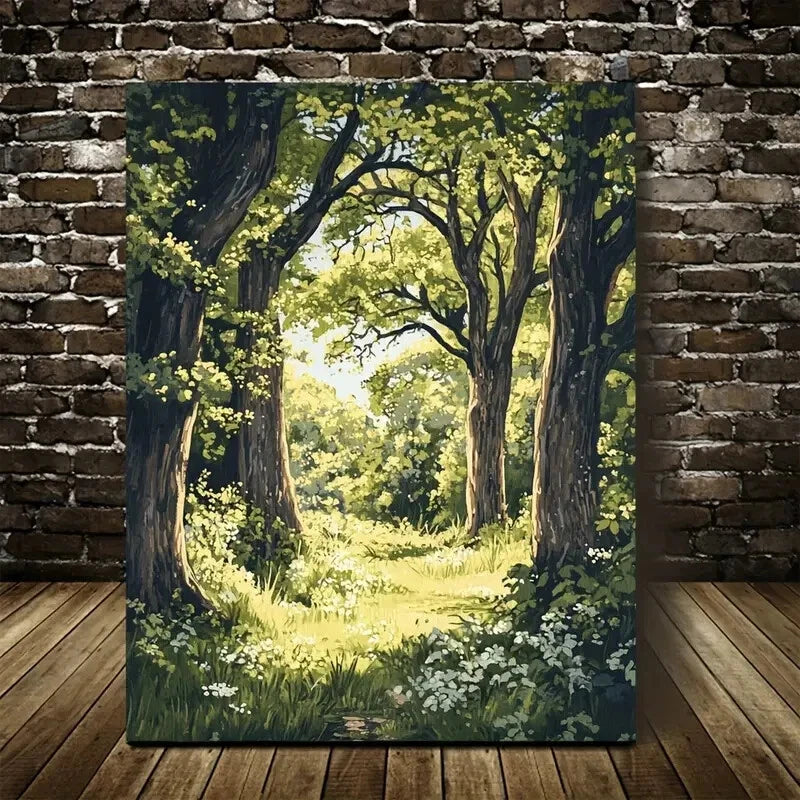 Vibrant Oak Forest Lush Greenery and Sunlit Painting 40x60cm Metal Print Ready to Hang - Bella Home Decor