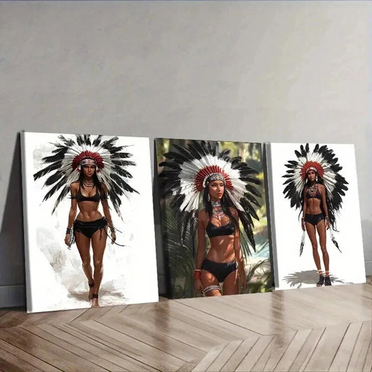 3pcs Indian Girls Wearing Feathered Headdresses Wall Art Set Canvas Framed 50x70cm - High Quality Print 100% Australian Made Wall Canvas Ready to Hang