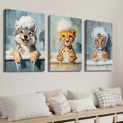 3pcs Cute Wolf Cheetah Tiger in Bubble Bath Wall Art Set Canvas Unframed - High Quality Print 100% Australian Made Wall Canvas - Bella Home Decor