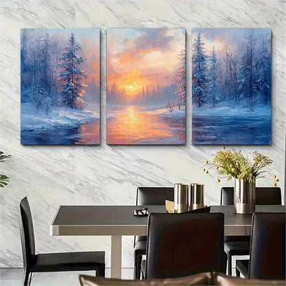 3pcs Textured Snowy Forest Tree Landscape Metal Print Ready to Hang Art