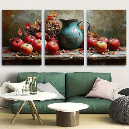 3pcs Apple Still Life with Ceramic Pitcher Design Metal Print Ready to Hang Art