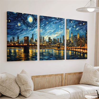 3pcs New York City Starry Night Skyline Wall Art Set Canvas Framed 60x90cm - High Quality Print 100% Australian Made Wall Canvas Ready to Hang - Bella Home Decor