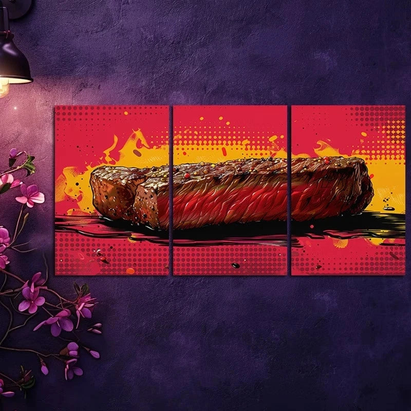 3pcs Graphic Illustration of a Grilled Steak Metal Print Ready to Hang Art