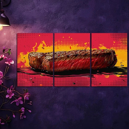 3pcs Graphic Illustration of a Grilled Steak Metal Print Ready to Hang Art