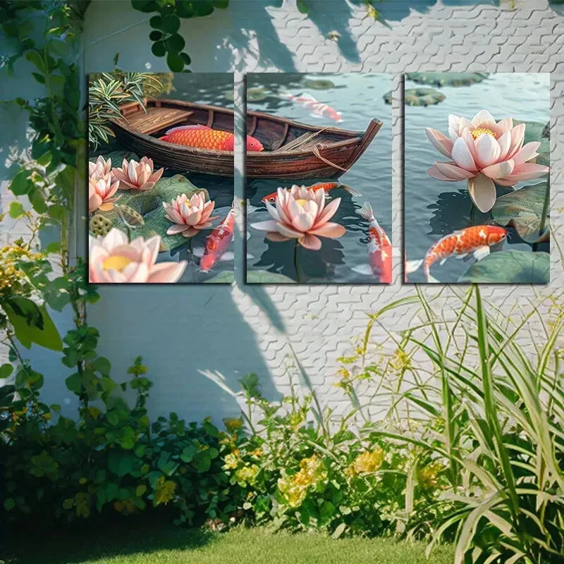 3pcs Vibrant Lotus Pond with Japanese Koi fishes Metal Print Ready to Hang Art - Bella Home Decor