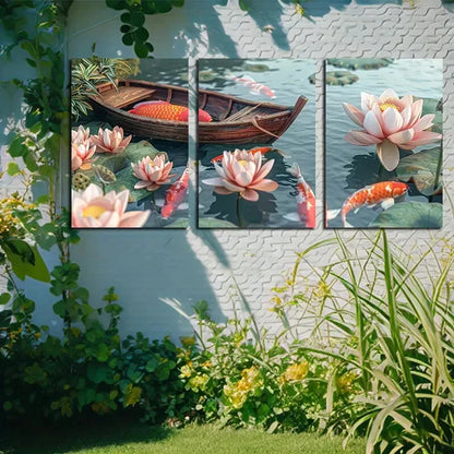 3pcs Vibrant Lotus Pond with Japanese Koi fishes Metal Print Ready to Hang Art - Bella Home Decor