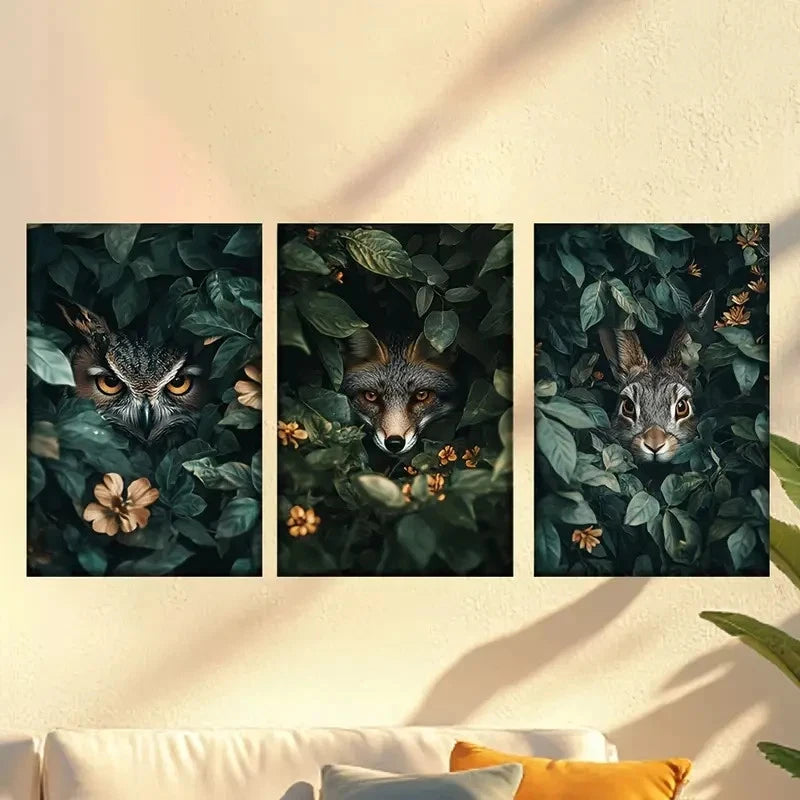 3pcs Owls in the woods, foxes rabbits Wall Art Set Canvas Framed 60x90cm - High Quality Print 100% Australian Made Wall Canvas Ready to Hang