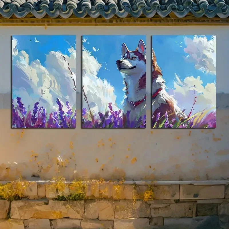 3pcs Vibrant Huskies & Floral Designs Metal Print Ready to Hang Art - Bella Home Decor