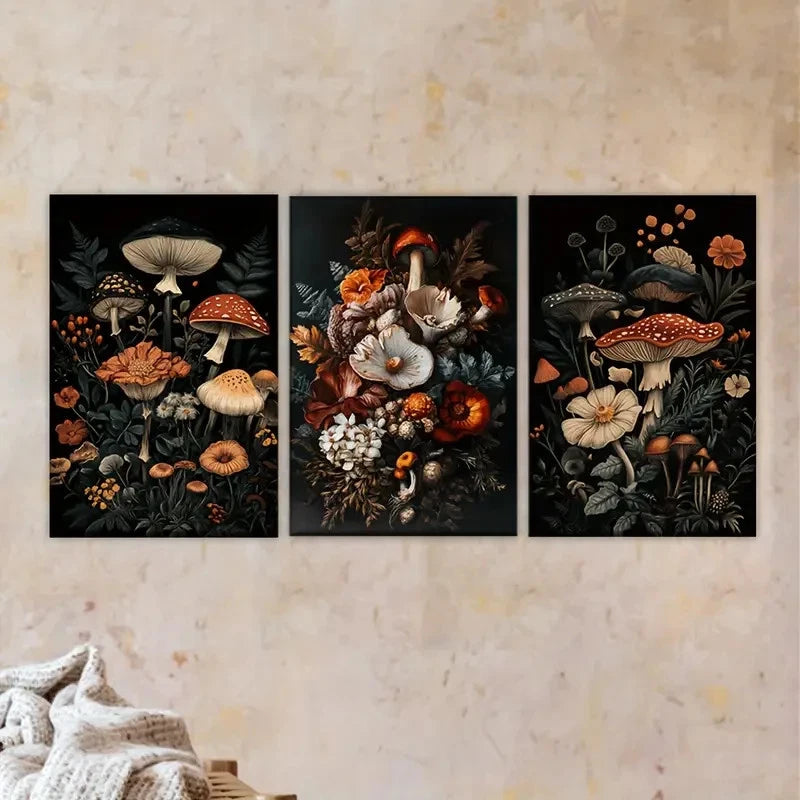 3pcs a bunch of flowers and mushrooms Wall Art Set Canvas Framed 50x70cm - High Quality Print 100% Australian Made Wall Canvas Ready to Hang - Bella Home Decor