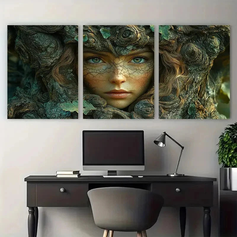 3pcs Lady Face of the Tree Illustration Wall Art Set Canvas Framed 40x60cm - High Quality Print 100% Australian Made Wall Canvas Ready to Hang