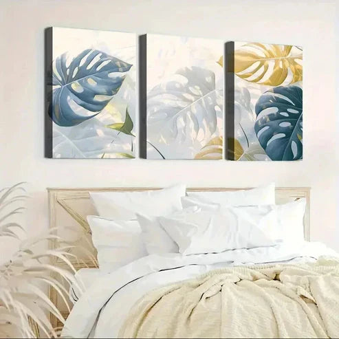 3pcs Abstract Geometric Golden & Blue Leaf Unframed - High Quality Print 100% Australian Made Wall Canvas - Bella Home Decor