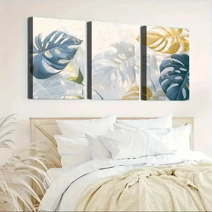3pcs Abstract Geometric Golden & Blue Leaf Unframed - High Quality Print 100% Australian Made Wall Canvas - Bella Home Decor