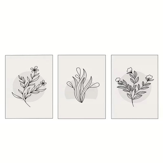 3pcs Minimalist Gray Botanical line drawings Wall Art Set Canvas Framed 40x60cm - High Quality Print 100% Australian Made Wall Canvas Ready to Hang