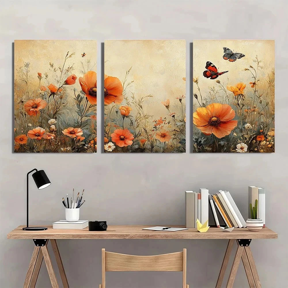 3pcs Vintage Butterflies in the Field Wall Art Set Canvas Framed 50x70cm - High Quality Print 100% Australian Made Wall Canvas Ready to Hang