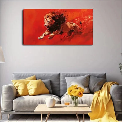 Lion Running Hard Against Red Wall Art Canvas Office Home Room Framed 120x60cm - Bella Home Decor