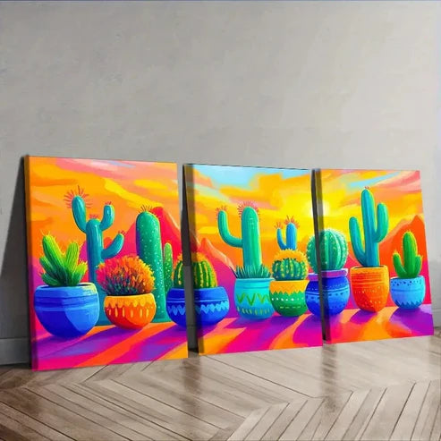 3pcs Cactus in colorful flower POTS Wall Art Set Canvas Unframed - High Quality Print 100% Australian Made Wall Canvas - Bella Home Decor