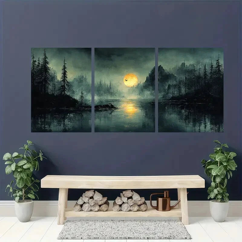 3pcs Abstract Nature Paintings Moonlit Landscape Metal Print Ready to Hang Art