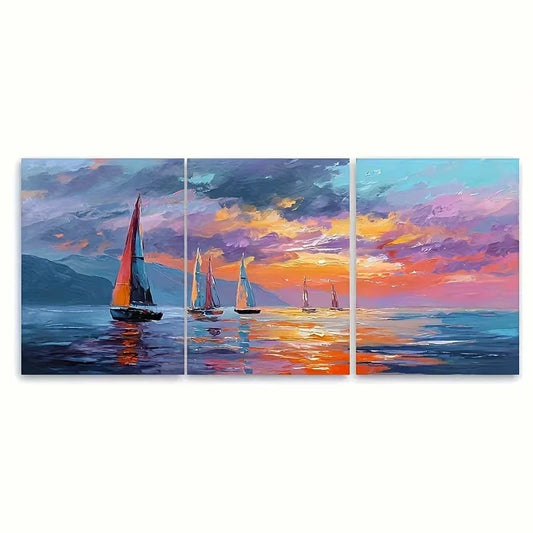 3pcs Coastal Sunset Orange Sailboat Wall Art Set Canvas Framed 40x60cm - High Quality Print 100% Australian Made Wall Canvas Ready to Hang