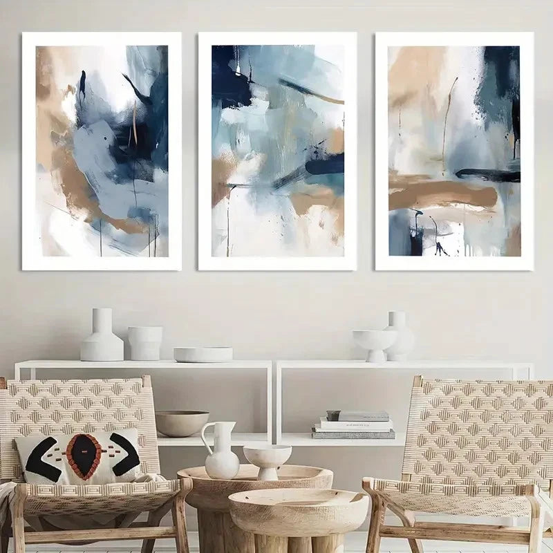 3pcs Painting Navy Blue Brush Strokes printing Metal Print Ready to Hang Art - Bella Home Decor