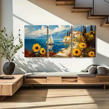 3pcs Island Scenery Sailing Boat Sunflowers Wall Art Set Canvas Framed 50x70cm - High Quality Print 100% Australian Made Wall Canvas Ready to Hang - Bella Home Decor