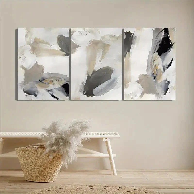 3pcs Neutral Beige & Black Abstract Design Metal Print Ready to Hang Art - Bella Home Decor