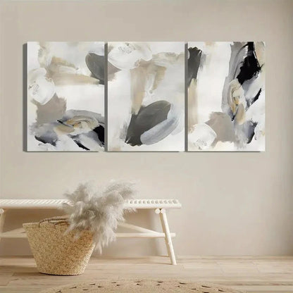 3pcs Neutral Beige & Black Abstract Design Metal Print Ready to Hang Art - Bella Home Decor