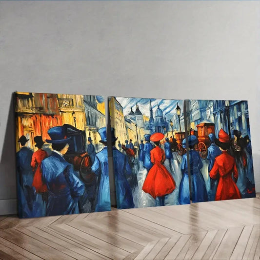 3pcs Vibrant Market Scene with People in Red Wall Art Set Canvas Framed 40x60cm - High Quality Print 100% Australian Made Wall Canvas Ready to Hang