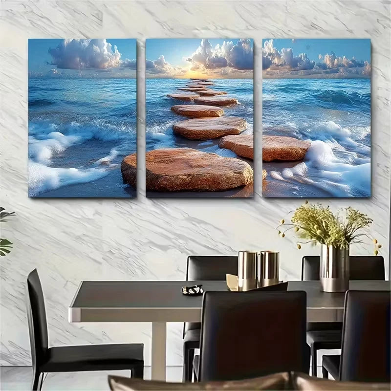 3pcs Rocks Leading to Vast Open Sea Metal Print Ready to Hang Art
