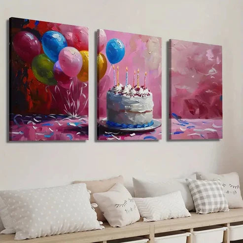 3pcs Birthday Cake and Balloon Wall Art Set Canvas Unframed - High Quality Print 100% Australian Made Wall Canvas - Bella Home Decor