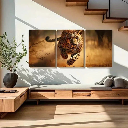 3pcs Cheetah Running in the Grass Wall Art Canvas Unframed - High Quality Print 100% Australian Made Wall Canvas - Bella Home Decor