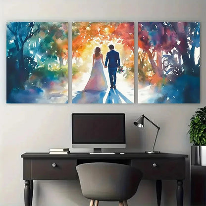 3pcs Romantic Couple Walking Under a Canopy Metal Print Ready to Hang Art - Bella Home Decor