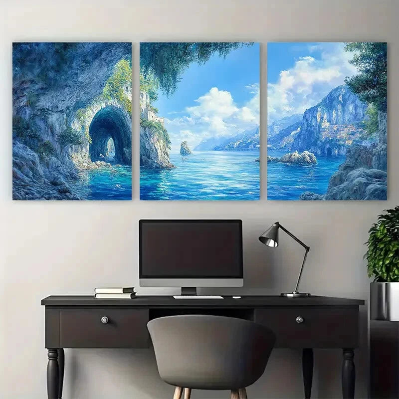 3pcs Blue Grotto Italian Seascape Travel Metal Print Ready to Hang Art - Bella Home Decor