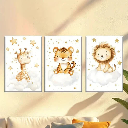 3pcs Cute Cartoon Lion, Giraffe and Tiger Wall Art Canvas Unframed – High Quality Print 100% Australian Made Wall Canvas - Bella Home Decor