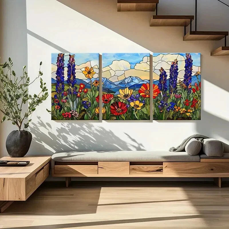 3pcs Stained Glass Wildflowers Mountain Landscape Metal Print Ready to Hang Art - Bella Home Decor
