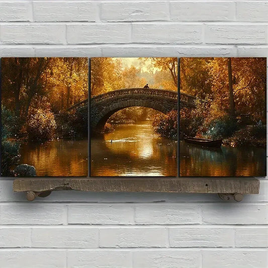 3pcs The Boatman Under The Stone Arch Bridge Metal Print Ready to Hang Art