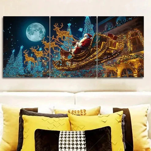 3pcs Festive Santa Claus Sleigh Ride Wall Art Set Canvas Unframed - High Quality Print 100% Australian Made Wall Canvas - Bella Home Decor