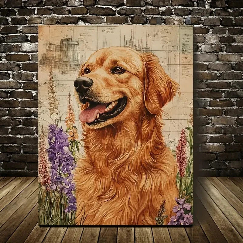 Beautiful Golden Retriever Floral Background Painting 40x60cm Metal Print Ready to Hang - Bella Home Decor