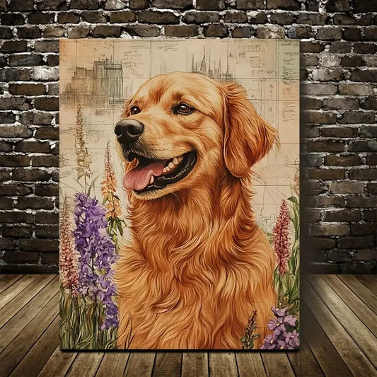 Beautiful Golden Retriever Floral Background Painting 40x60cm Metal Print Ready to Hang - Bella Home Decor