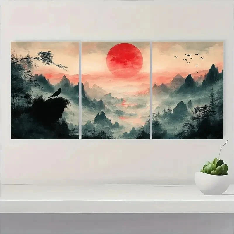 3pcs Japanese-Inspired Mountain Morning Painting Metal Print Ready to Hang Art - Bella Home Decor