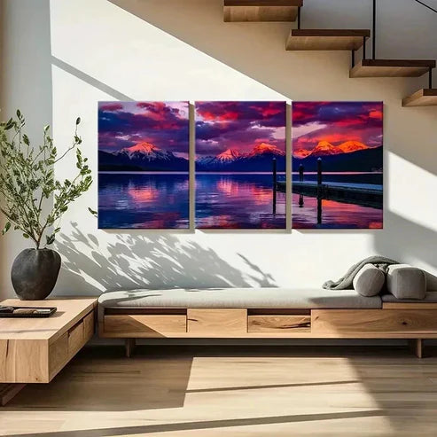 3pcs Snow Mountain Lake at Sunset  Wall Art Set Canvas Unframed - High Quality Print 100% Australian Made Wall Canvas